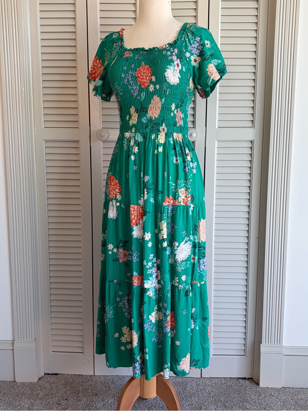 Green Floral Smocked Maxi Dress with Square Neck